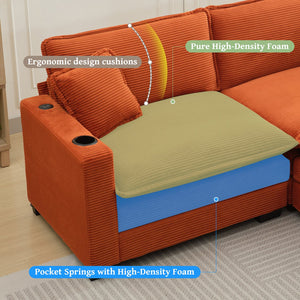 English Elm L Shape Sofa Couch With Usb Charging & Cup Holders – Stylish 3-Seater Corduroy Sectional & Ottoman W2100S00180