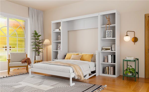 English Elm Queen Murphy Bed with Desk & Bookshelf in White — Space-Saving Queen Wall Bed, Pine/MDF, 600lb Capacity, Foldable Workspace GX004002AAK