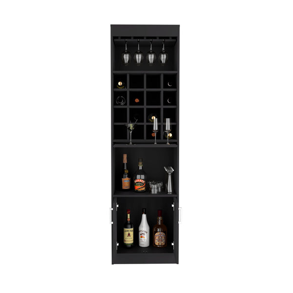 English Elm Being Kava Bar Cabinet Black - Double Door Storage, Two Shelves, 16 Wine Slots, Glass Rack, Easy Assembly B200S00174