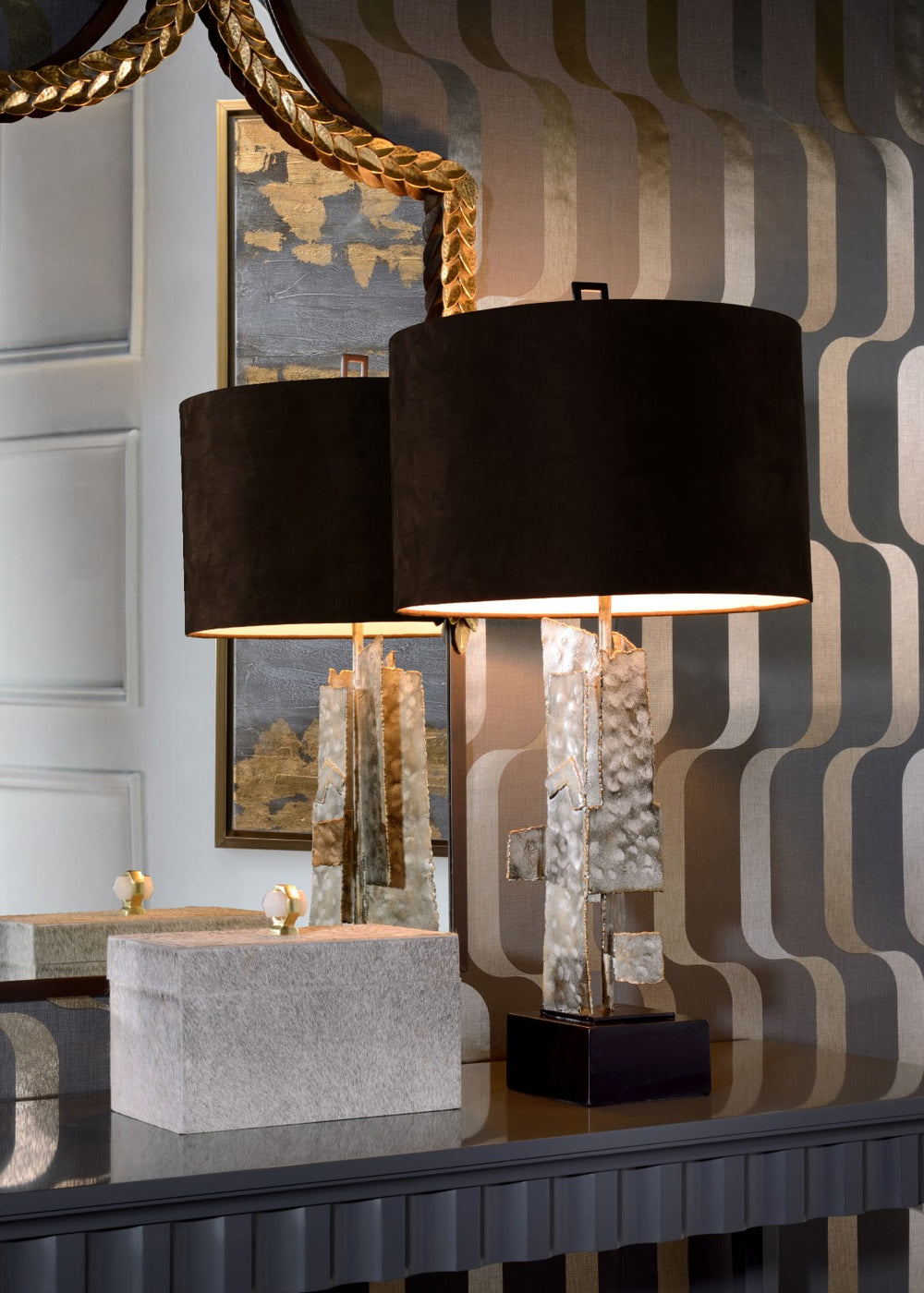 Wildwood Kahn Sculptural Table Lamp — Spotted White-Wash Steel, Slim 33.5" Ambient Lighting For Modern Spaces 47121