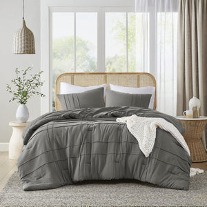 English Elm 3-piece Cal King Pintuck Pleated Microfiber Comforter Set Soft Washed Tailored Bedding Grey B035P463228