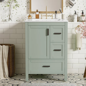 English Elm Modern 24 Inch Bathroom Vanity Solid Wood Cabinet with Ceramic Sink and Soft Close Storage Green N729P292859F