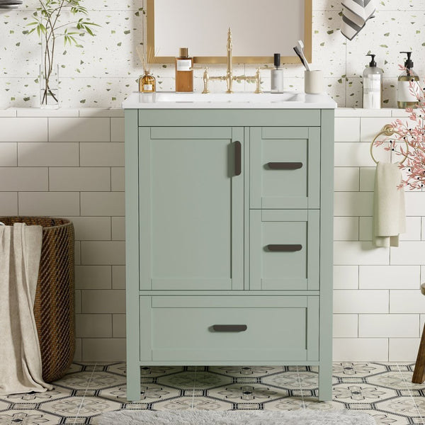 English Elm Modern 24 Inch Bathroom Vanity Solid Wood Cabinet with Ceramic Sink and Soft Close Storage Green N729P292859F