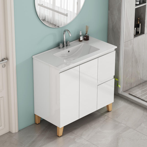 English Elm 36-inch Glossy White Bathroom Vanity with Ceramic Sink Soft Close Drawers Minimalist W3151S00074