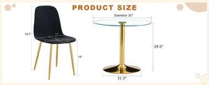 English Elm Table And Chair Set - 35" Round Transparent Tempered Glass Top With Gold Metal Base & 4 Black Chairs W1151S03700-GIGA