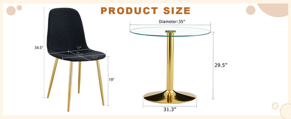 English Elm Table And Chair Set - 35" Round Transparent Tempered Glass Top With Gold Metal Base & 4 Black Chairs W1151S03700-GIGA