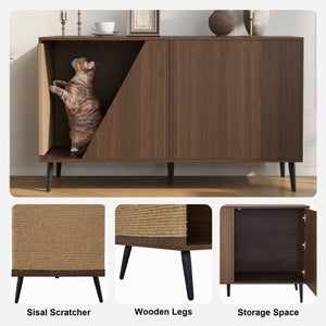 English Elm Cat Furniture Mid-Century Walnut 2‑in‑1 Litter Box Enclosure with Sisal Scratcher & Spring Door Storage N843P254861W