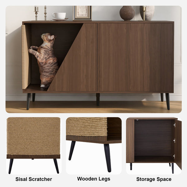 English Elm Cat Furniture Mid-Century Walnut 2‑in‑1 Litter Box Enclosure with Sisal Scratcher & Spring Door Storage N843P254861W