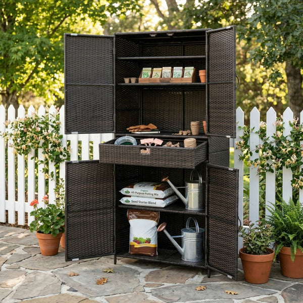 English Elm K&k Tall Arched Pe Rattan Outdoor Storage Cabinet with Adjustable Shelves and Steel Frame Brown+Black N707P420102D