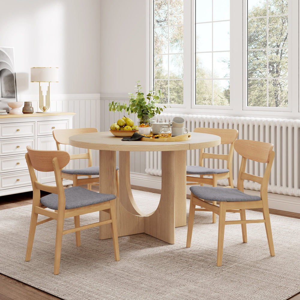 English Elm Christopher Knight Home® - 5PCS Mid-Century Modern Dining Set with Round Wood Table and Upholstered Fabric Chairs, Sleek Design Natural+Beige 58915.00LBE_N771P240935K