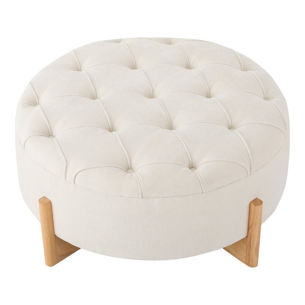 English Elm 32" Round Chenille Ottoman Tufted Footrest with Rubberwood Legs for Living Room Beige N723P405298A