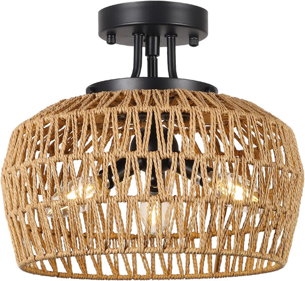 English Elm Semi Flush Rattan Ceiling Light 3-Light Boho Wicker Fixture Handwoven Lampshade Dimmable Cozy Ambience Brown W2738P185407