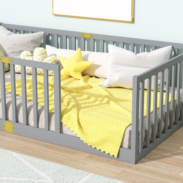 English Elm Twin House Frame Floor Bed Rubberwood with Roof Canopy and Safety Rails for Kids Grey W504P429529