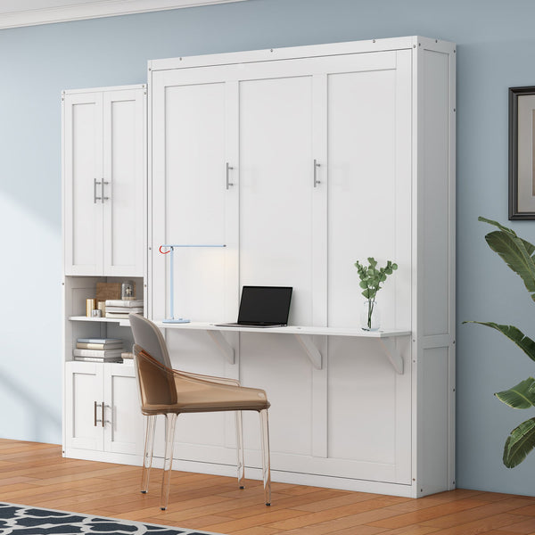 English Elm Full Murphy Bed with Side Cabinet, Desk Combo, USB Charging, Adjustable Shelves, 600lb Capacity, White BS7012008109C
