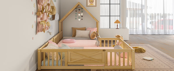 English Elm Full Full Size House Floor Bed with Door & Guardrails, Solid Wood Playful Design for Kids, Safe and Durable Natural W1580P327131