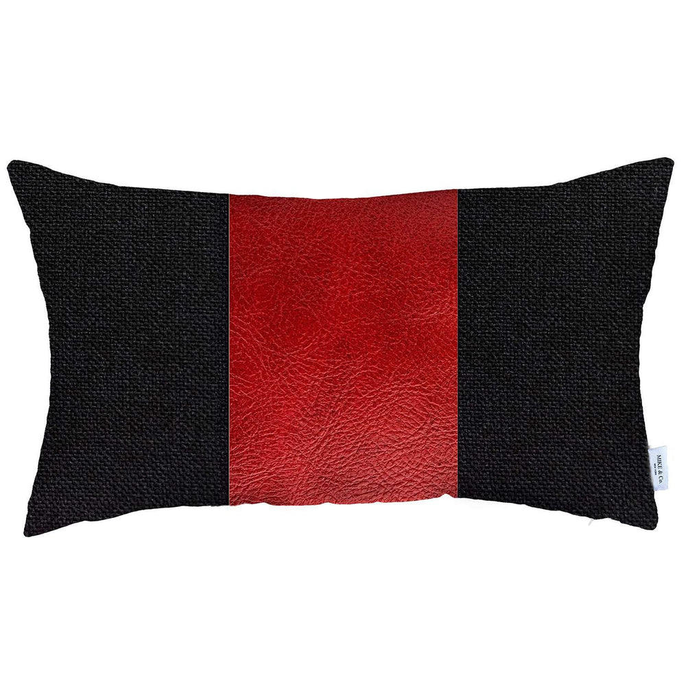 Homeroots 12" X 20" Black And Red Geometric Zippered Handmade Polyester Lumbar Pillow Cover   471687