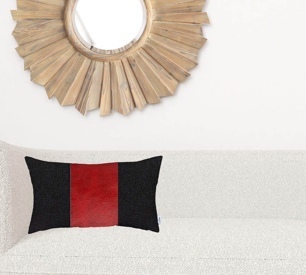 Homeroots 12" X 20" Black And Red Geometric Zippered Handmade Polyester Lumbar Pillow Cover   471687