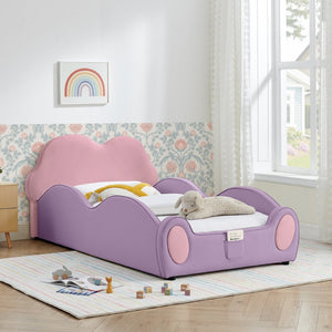 English Elm Twin Cloud Shaped Toddler Bed Upholstered Pu Leather with Guardrails and Storage Pocket Pink Purple W1413S00185