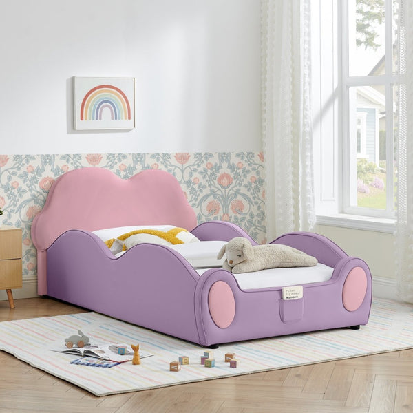 English Elm Twin Cloud Shaped Toddler Bed Upholstered Pu Leather with Guardrails and Storage Pocket Pink Purple W1413S00185