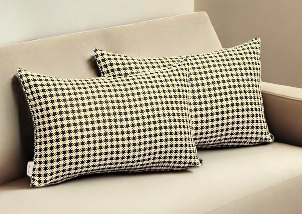 Homeroots Set Of Two 12" X 20" Yellow And Black Houndstooth Fabric Lumbar Throw Pillows   471705