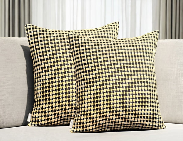 Homeroots Set Of Two 18" Yellow And Black Houndstooth Fabric Throw Pillows   471710