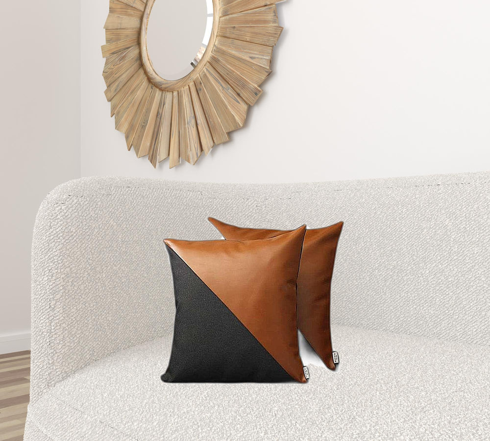 Homeroots Set Of Two 18" X 18" Brown And Black Faux Leather Zippered Pillow   471717