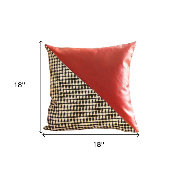 Homeroots Set Of Two 18" Red Black And White Houndstooth Fabric And Faux Leather Throw Pillows   471718
