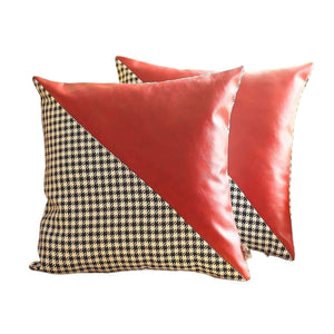 Homeroots Set Of Two 18" Red Black And White Houndstooth Fabric And Faux Leather Throw Pillows   471718