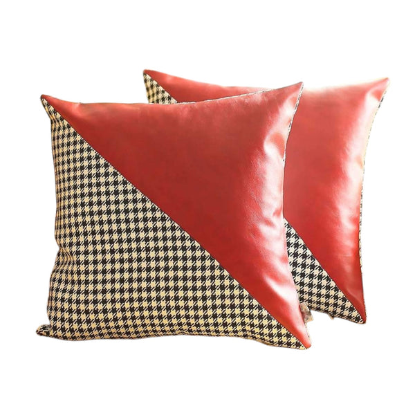 Homeroots Set Of Two 18" Red Black And White Houndstooth Fabric And Faux Leather Throw Pillows   471718
