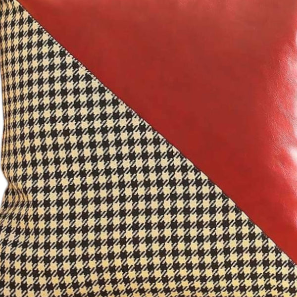 Homeroots Set Of Two 18" Red Black And White Houndstooth Fabric And Faux Leather Throw Pillows   471718