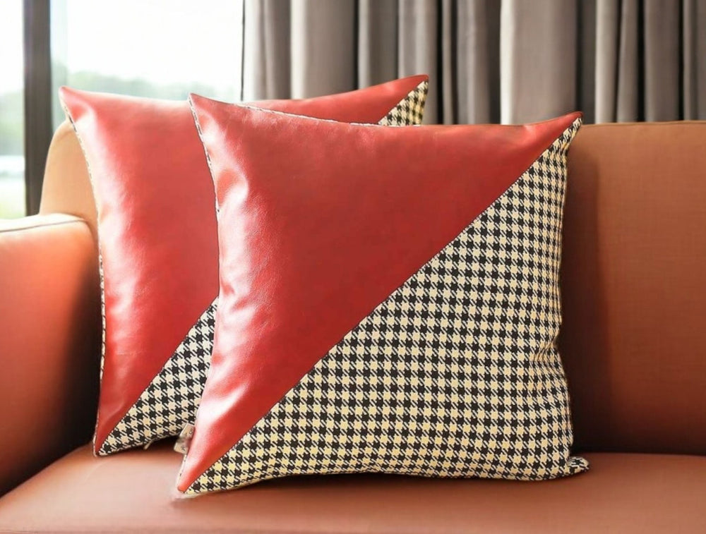 Homeroots Set Of Two 18" Red Black And White Houndstooth Fabric And Faux Leather Throw Pillows   471718