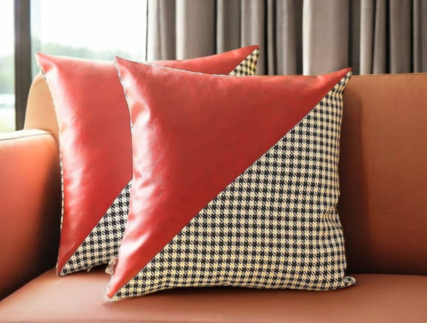 Homeroots Set Of Two 18" Red Black And White Houndstooth Fabric And Faux Leather Throw Pillows   471718