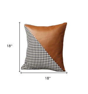 Homeroots Set Of Two 18" Brown Black And White Houndstooth Fabric And Faux Leather Throw Pillows   471719