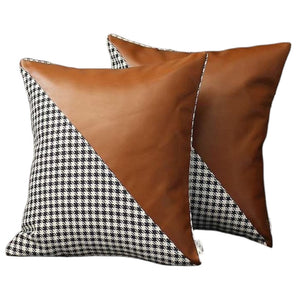 Homeroots Set Of Two 18" Brown Black And White Houndstooth Fabric And Faux Leather Throw Pillows   471719