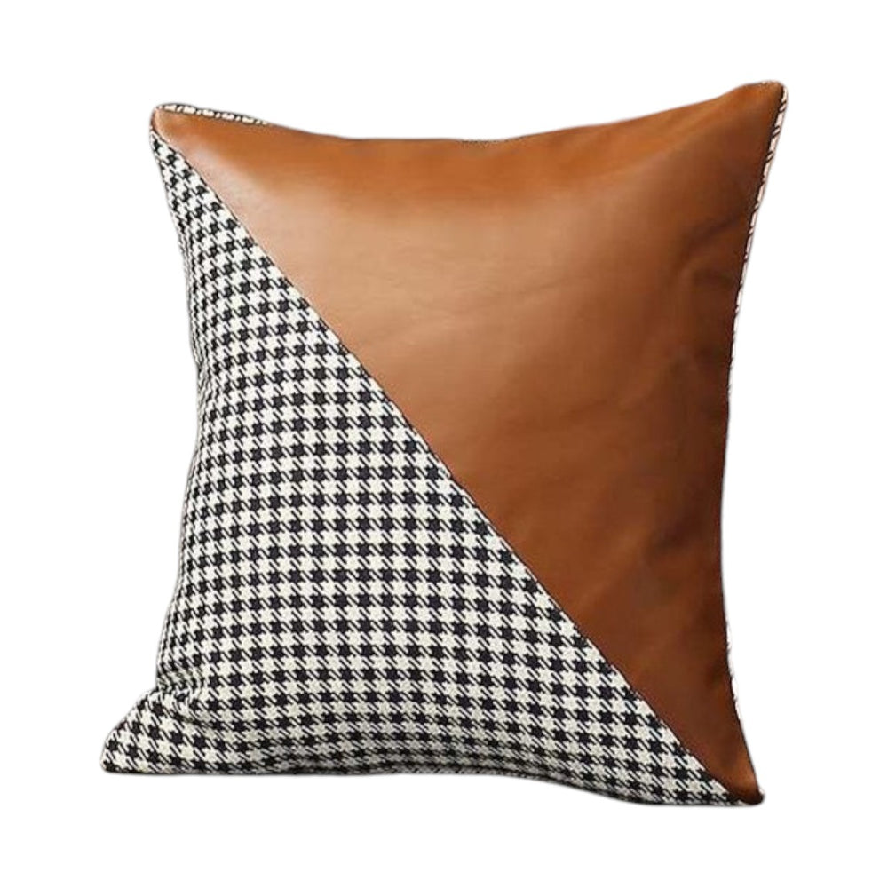 Homeroots Set Of Two 18" Brown Black And White Houndstooth Fabric And Faux Leather Throw Pillows   471719