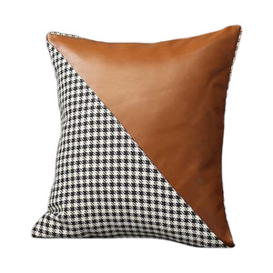 Homeroots Set Of Two 18" Brown Black And White Houndstooth Fabric And Faux Leather Throw Pillows   471719