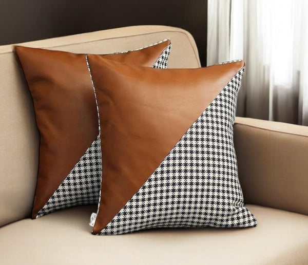Homeroots Set Of Two 18" Brown Black And White Houndstooth Fabric And Faux Leather Throw Pillows   471719