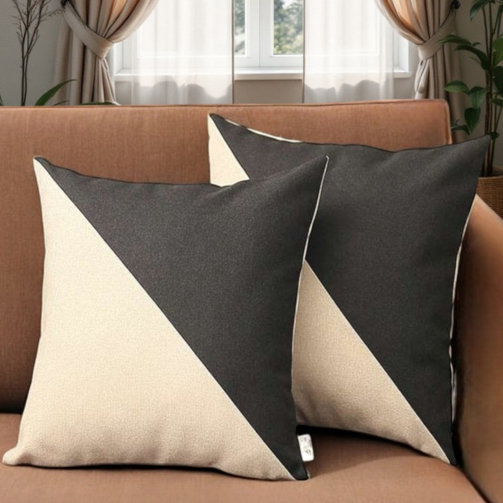 Homeroots Set Of Two 18" Ivory And Black Color Block Fabric Throw Pillows   471724