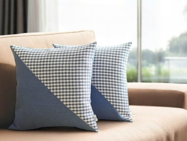 Homeroots Set Of Two 18" Blue And White Houndstooth Fabric Throw Pillows   471730