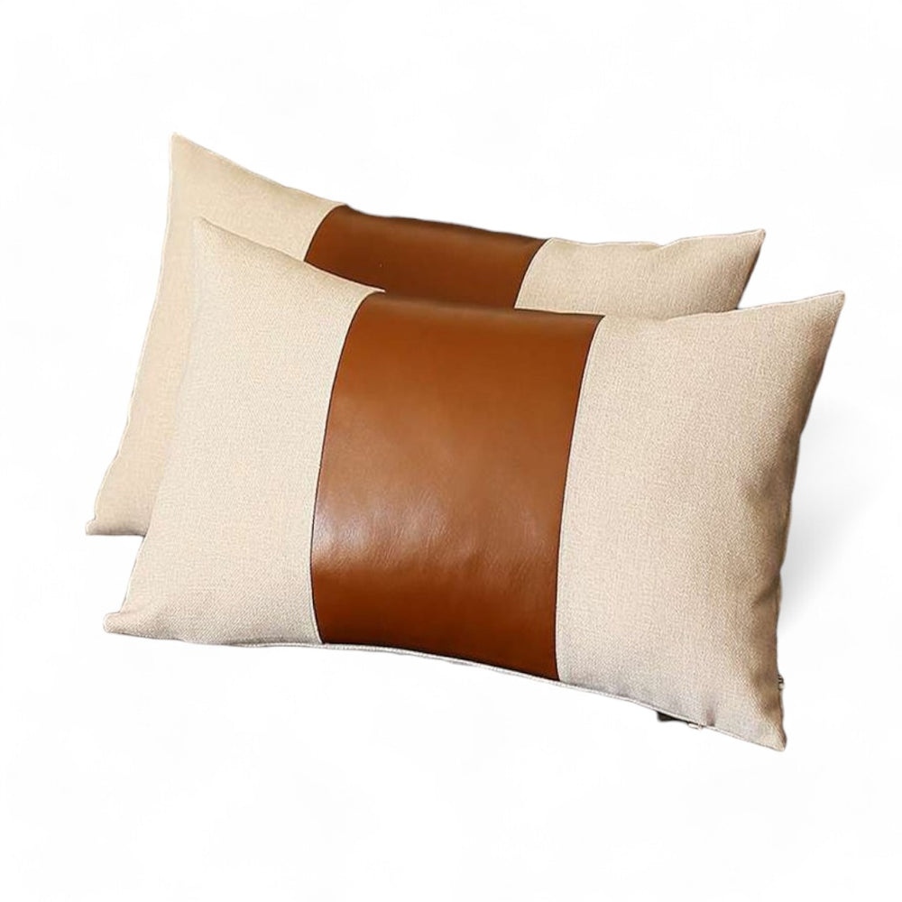Homeroots Set Of Two 12" X 20" Ivory And Brown Color Block Fabric And Faux Leather Lumbar Throw Pillows   471731
