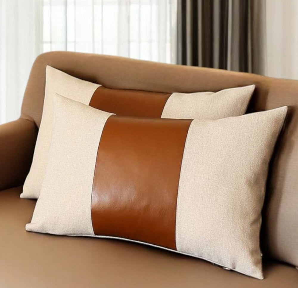 Homeroots Set Of Two 12" X 20" Ivory And Brown Color Block Fabric And Faux Leather Lumbar Throw Pillows   471731