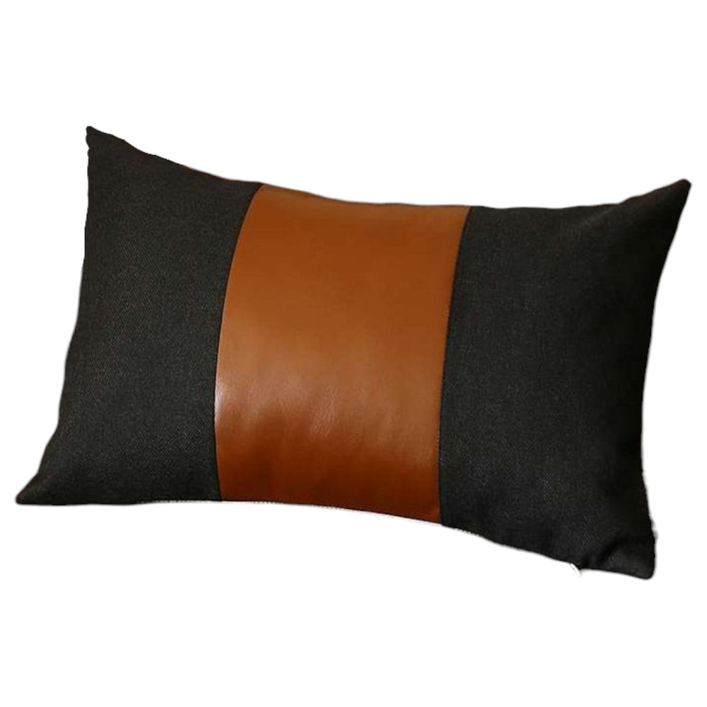 Homeroots Set Of Two 12" X 20" Black And Brown Color Block Fabric And Faux Leather Lumbar Throw Pillows   471732