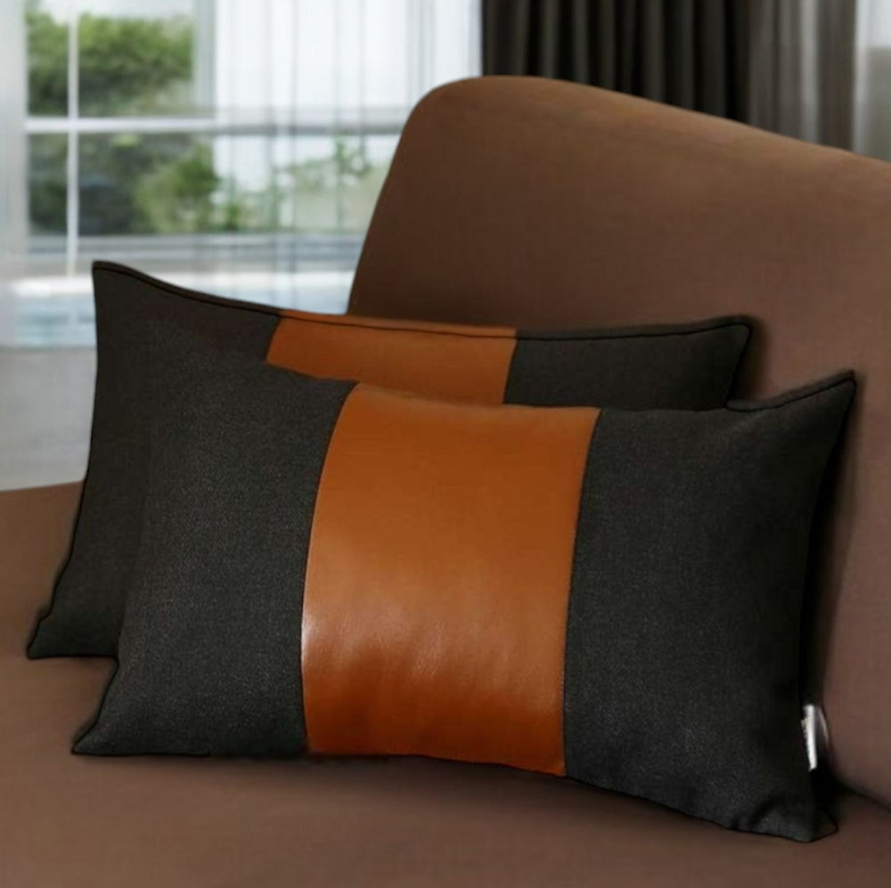 Homeroots Set Of Two 12" X 20" Black And Brown Color Block Fabric And Faux Leather Lumbar Throw Pillows   471732