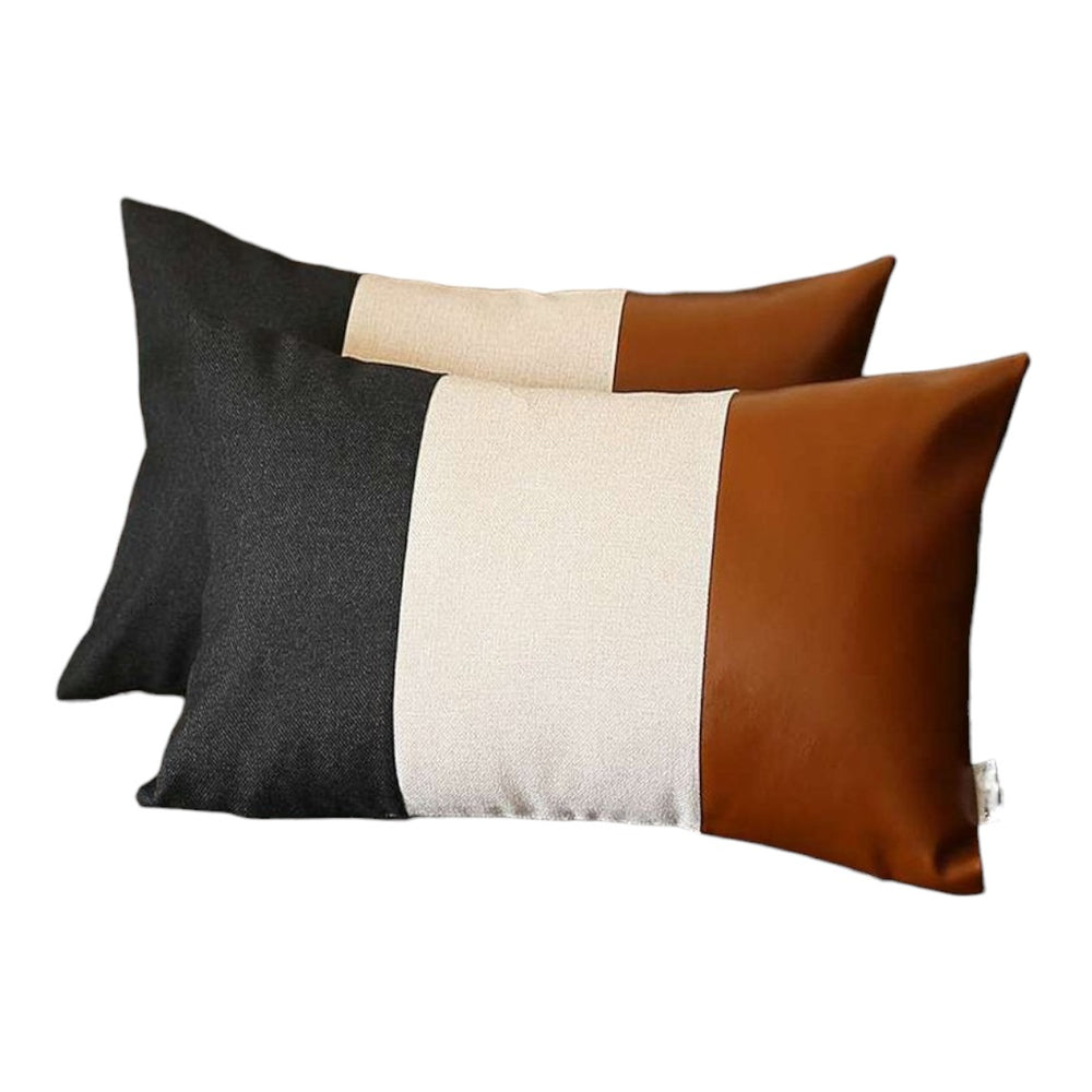 Homeroots Set Of Two 12" X 20" Black Ivory And Brown Color Block Fabric And Faux Leather Lumbar Throw Pillows   471734