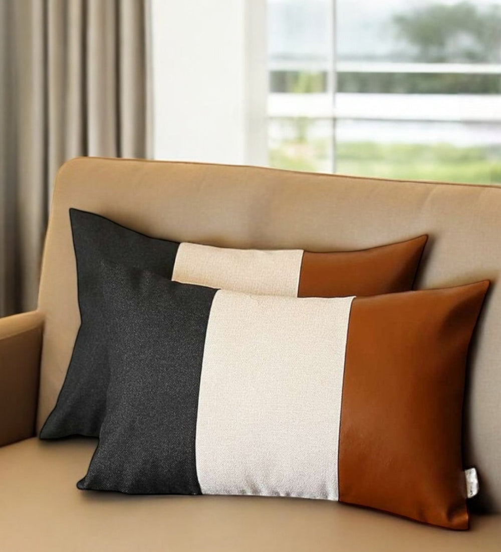 Homeroots Set Of Two 12" X 20" Black Ivory And Brown Color Block Fabric And Faux Leather Lumbar Throw Pillows   471734