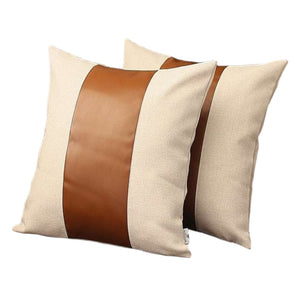 Homeroots Set Of Two 18" Ivory And Brown Color Block Fabric And Faux Leather Throw Pillows   471735