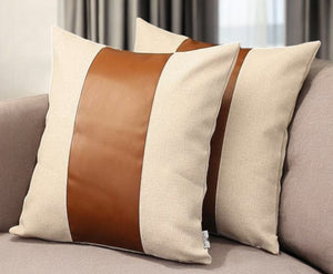 Homeroots Set Of Two 18" Ivory And Brown Color Block Fabric And Faux Leather Throw Pillows   471735