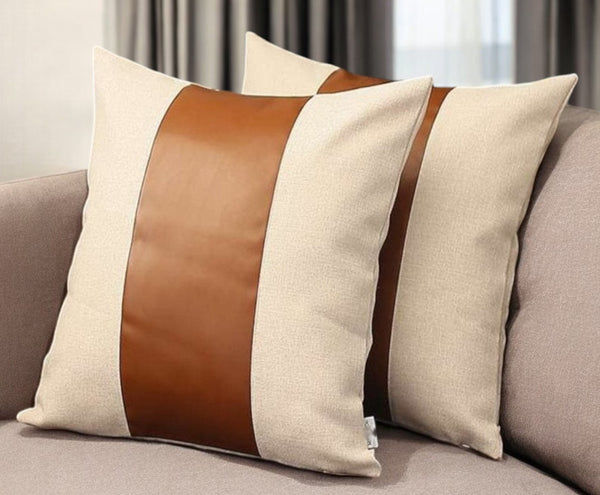 Homeroots Set Of Two 18" Ivory And Brown Color Block Fabric And Faux Leather Throw Pillows   471735