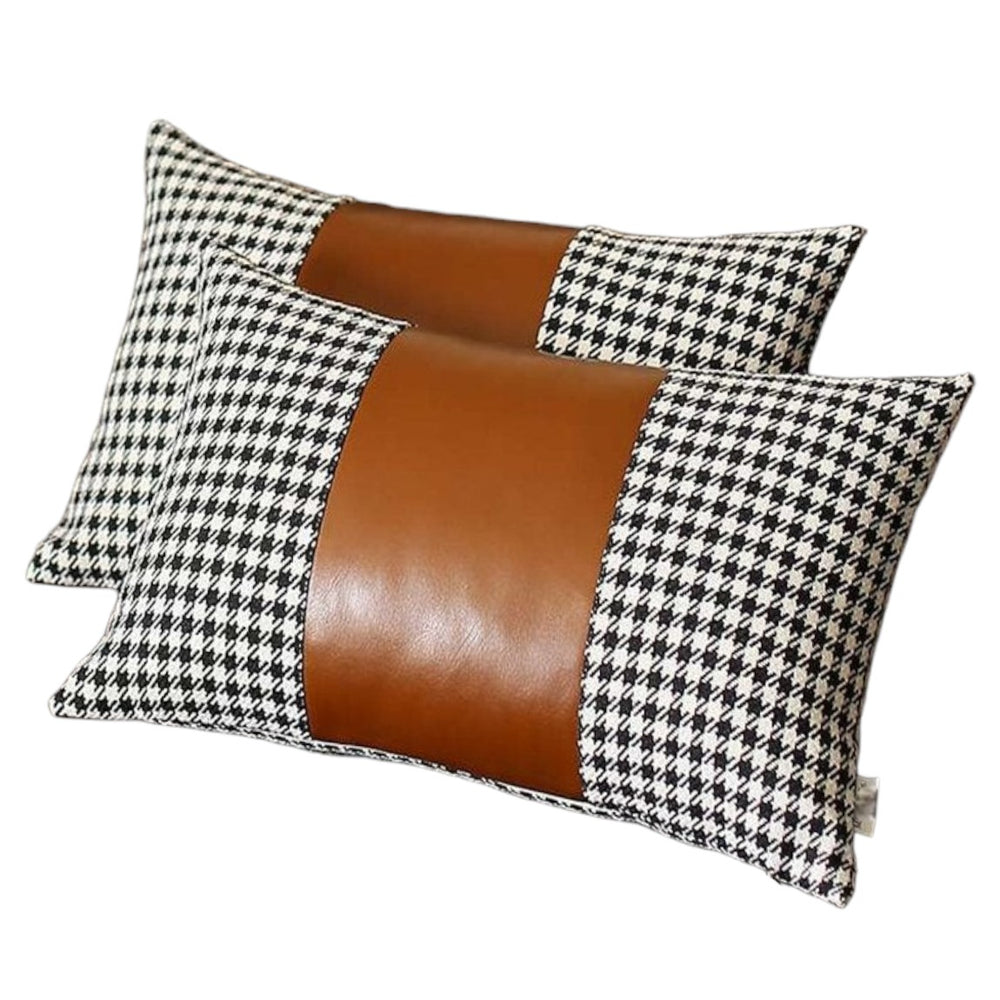 Homeroots Set Of Two 12" X 20" Brown Black And White Houndstooth Fabric And Faux Leather Lumbar Throw Pillows   471737