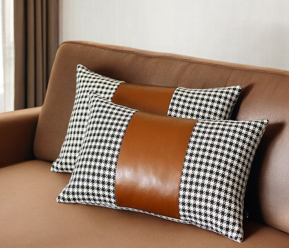 Homeroots Set Of Two 12" X 20" Brown Black And White Houndstooth Fabric And Faux Leather Lumbar Throw Pillows   471737